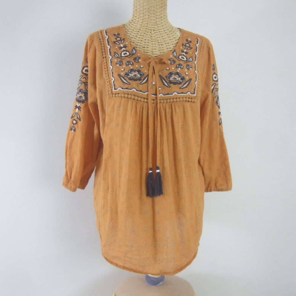 Dressbarn Womens M Brown Navy Blue Floral Embroidered Cotton Peaant Shirt Top
